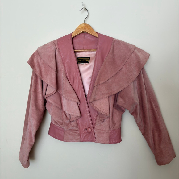 Danier Jackets & Blazers - Vintage 80s Danier Pink Suede & Leather Cropped Jacket | Ruffle Collar Statement